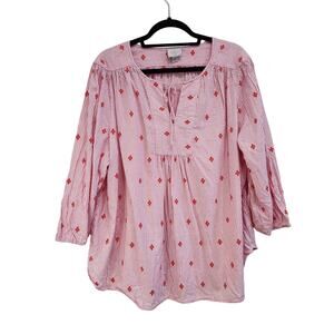 St. John Bay Stripes Embroidered Floral 3/4 Sleeve Blouse Red Pink Size 2X